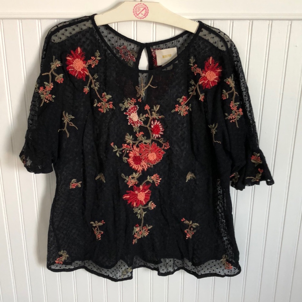 Maeve by Anthropologie Mesh Embroidered Top